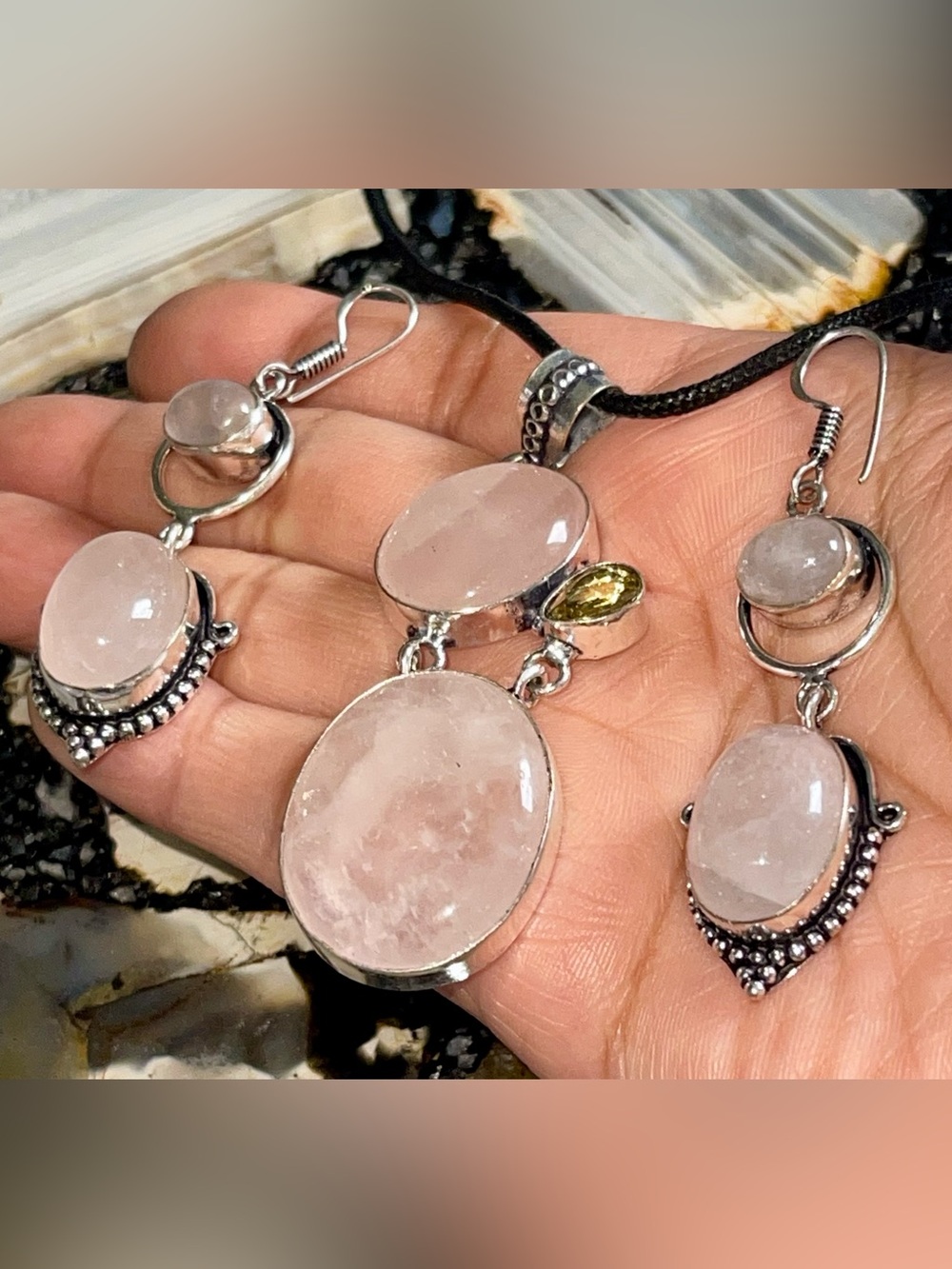 Pure Love Stone- Pale Pink Rose Quartz Pendant & Earrings Set